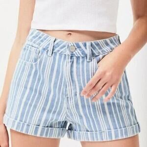 5/$65  PacSun Womens Shorts Sz 28 Yacht Blue White Stripe Denim Cuffed Mom Short